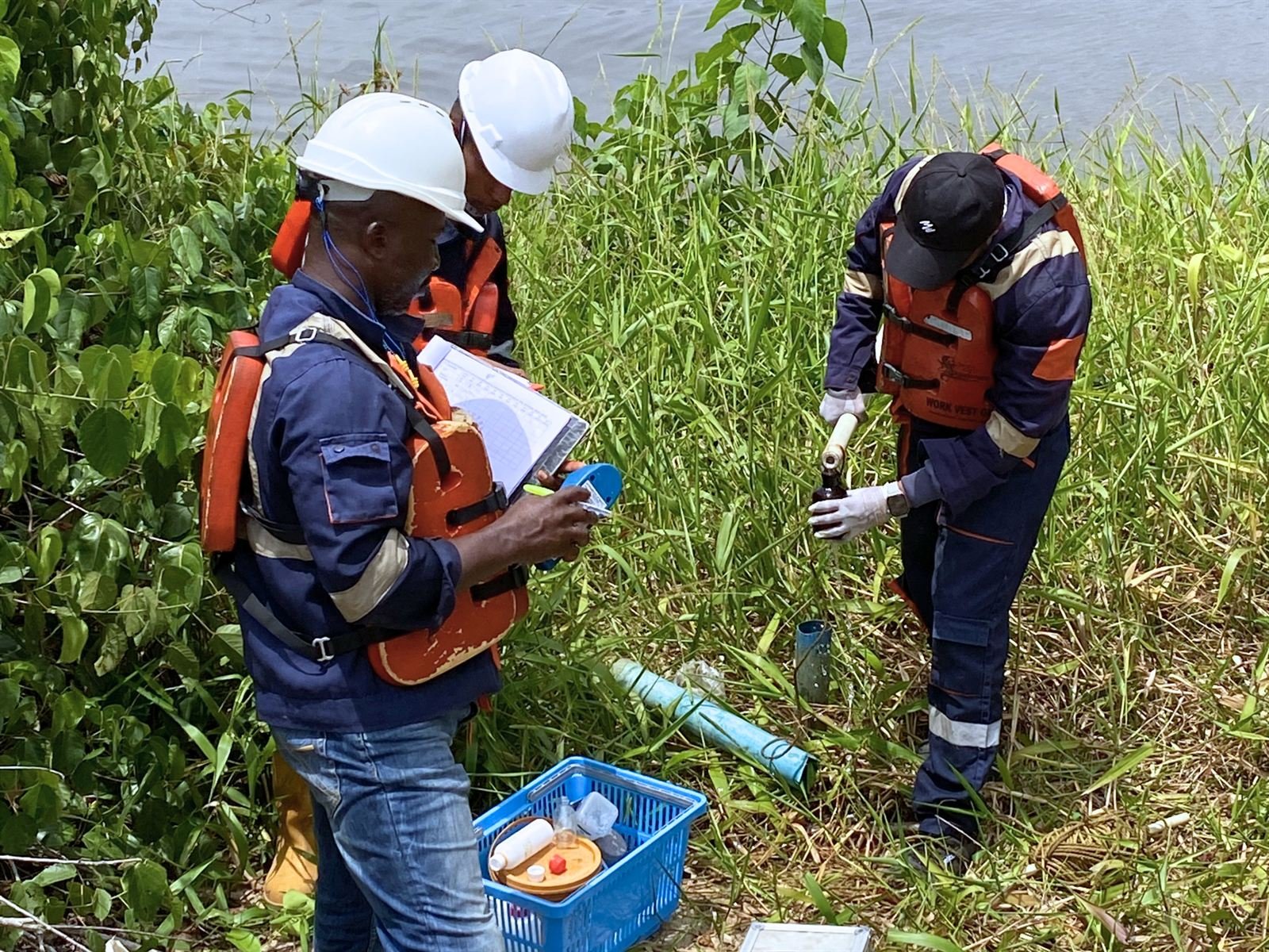 Field team collecting soil samples in vegetation beside a waterway